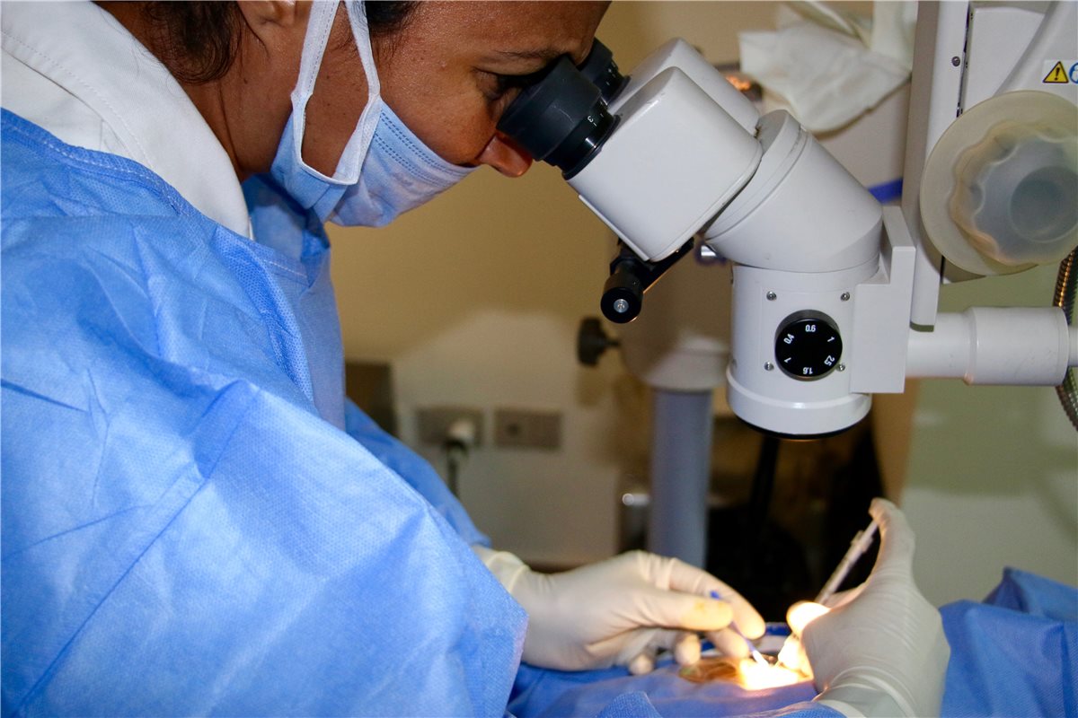 Intravitreal injection: an ophthalmologist performing a sterile intravitreal injection under the operating microscope, with the patient draped and a lid speculum in place