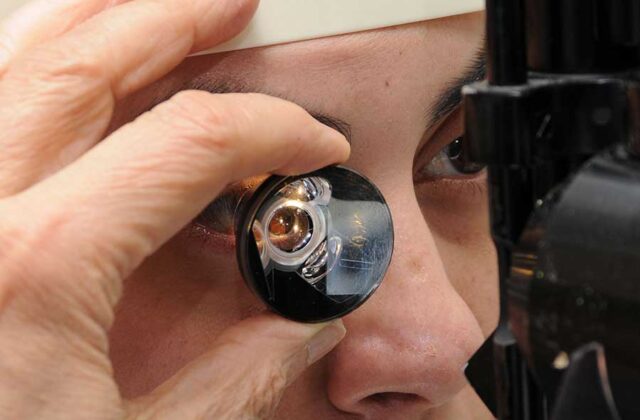 Gonioscopy Exam With a Goniolens Gonioscopy: examination of the anterior chamber angle with a handheld goniolens at the slit lamp